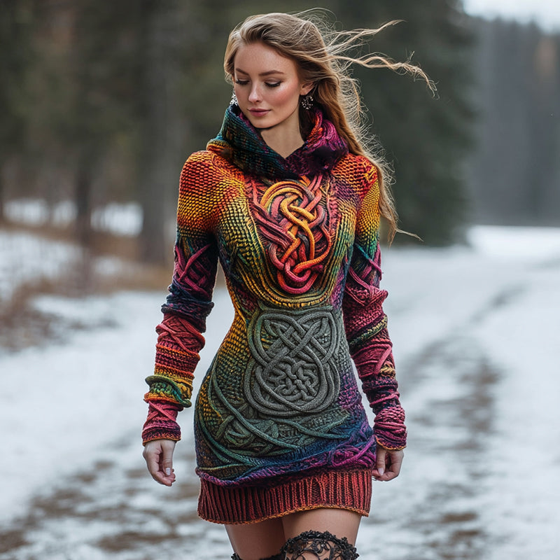 Women's Viking Celtic Knot Irish Rainbow Art Cozy Knit Mini Hooded Sweater Dress artswardrobe