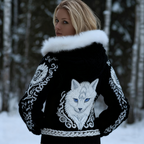 Viking Retro Style Cat Embroidery Pattern Women's Knit Hooded Sweater Jacket artswardrobe