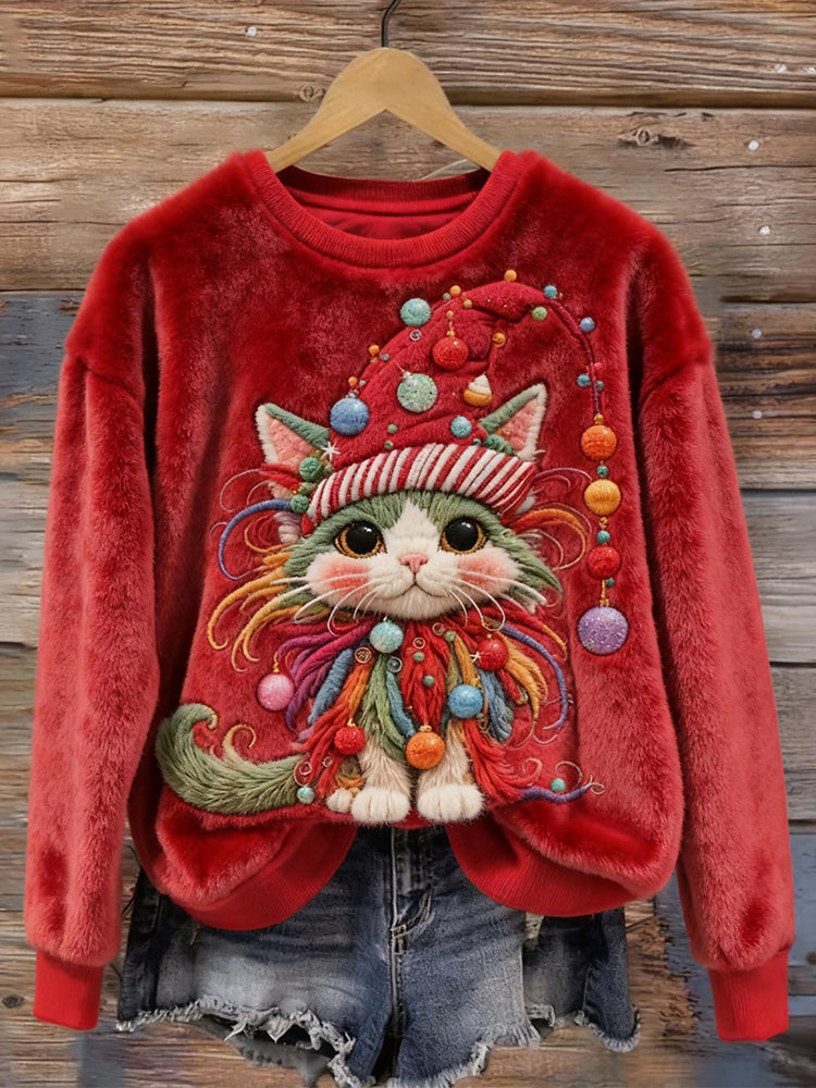 Cute Cat Christmas Lights Embroidered Cozy Plush Sweatshirt elevenforest