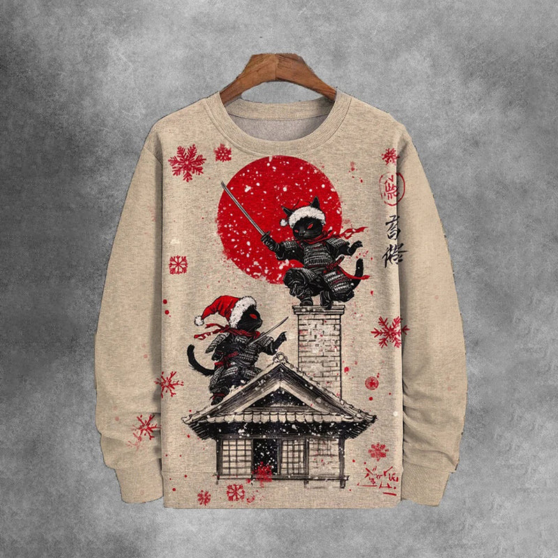 Men's Two Christmas Black Cat Warriors Are Fighting Art Print Casual Sweatshirt elevenforest