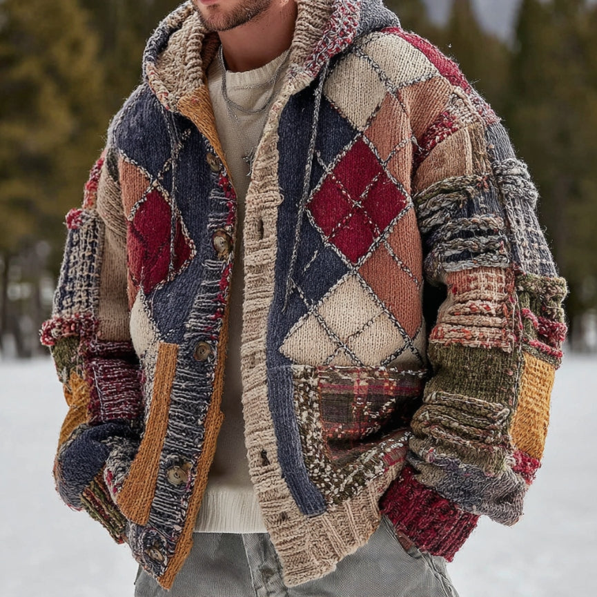 Men's Geometric Colorblock Knitted Warm Button Hooded Sweater artswardrobe