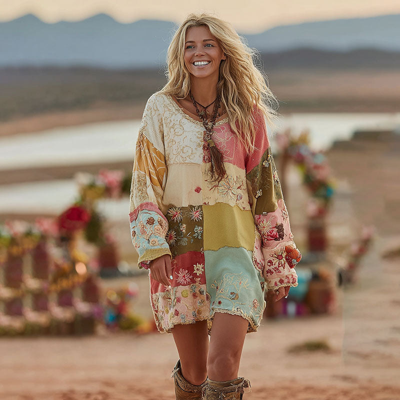 Women's Patchwork Floral Art Cozy Knit Mini Sweater Dress artswardrobe