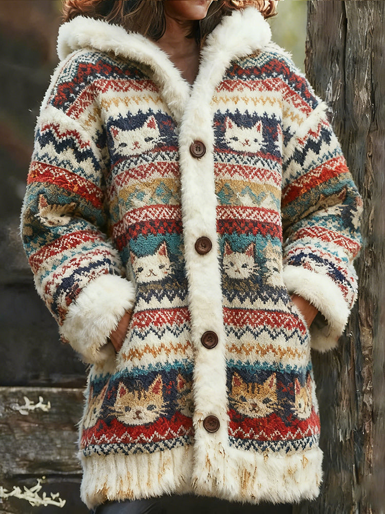 Fair Isle Cats Jacquard Knitted Hooded Cardigan elevenforest