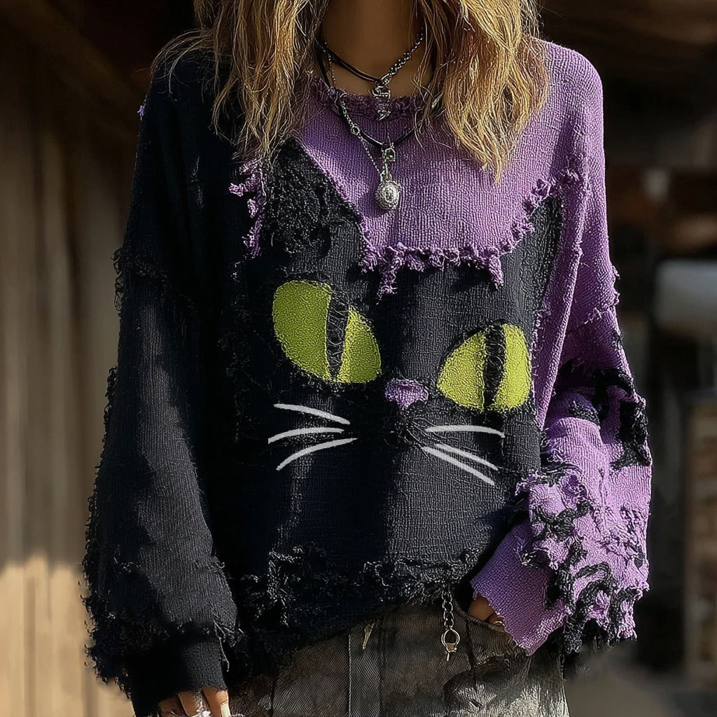 Halloween Black Cat Art Patch Contrast Color Crew Neck Sweatshirt elevenforest