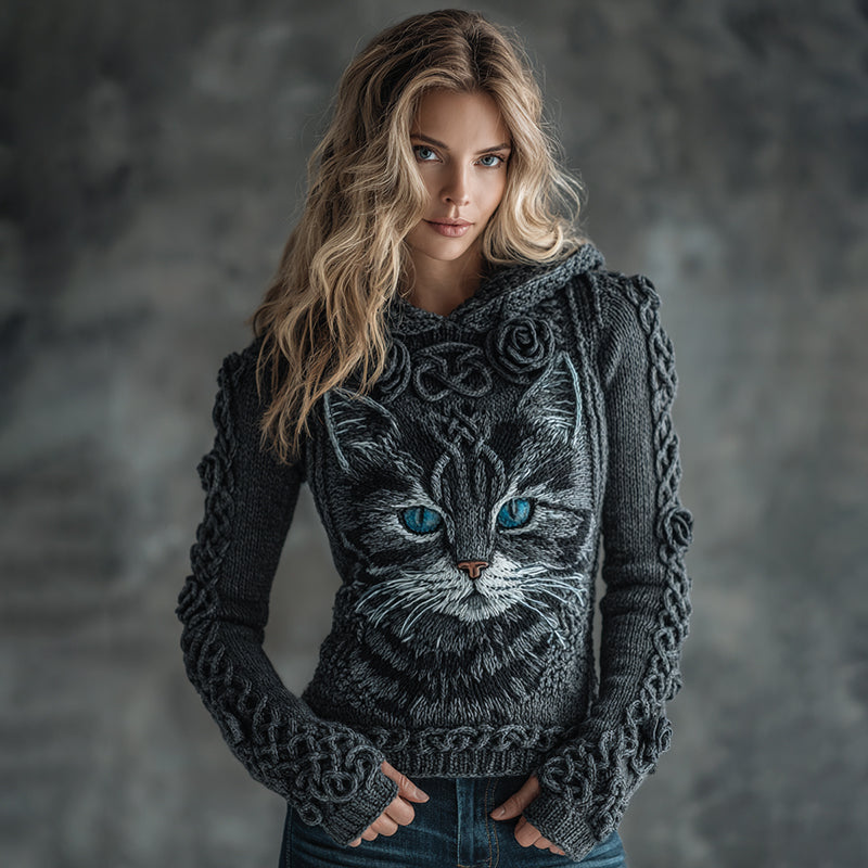 Women's Vintage Cute Cat Art Knitted Warm Hooded Sweater elevenforest