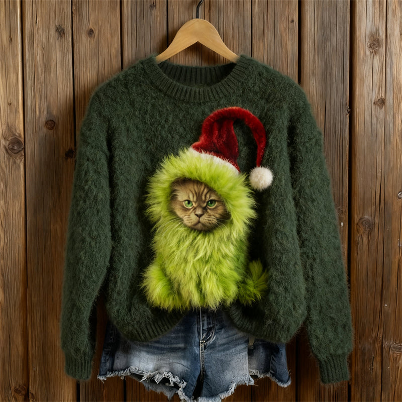 Christmas Monster Angry Cat Cozy Knit Sweater elevenforest