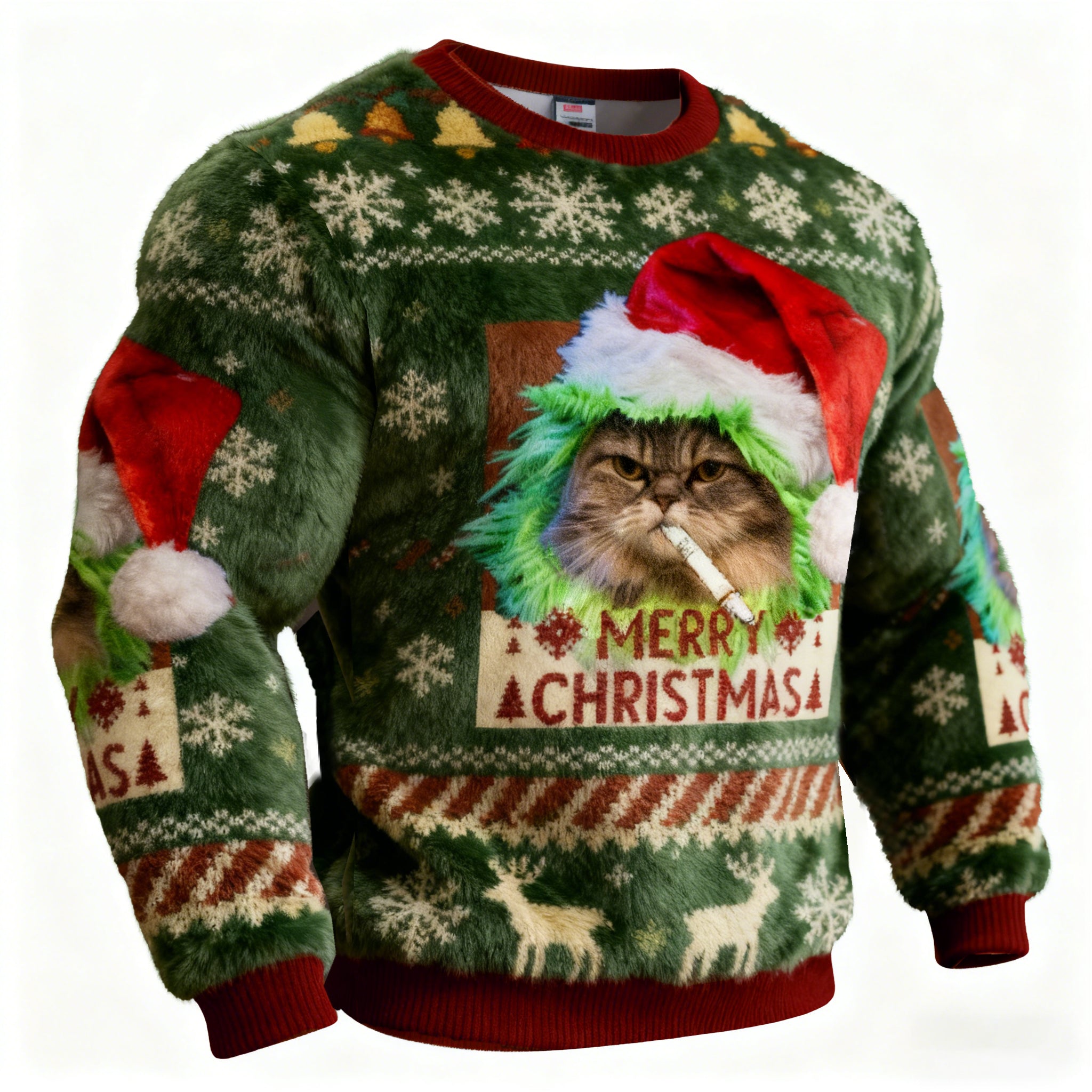 Men's Green Funny Smoking Cat Meme Christmas Ugly Plush Sweatshirt elevenforest