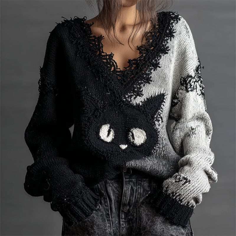 Black Cat Contrast Color Lace Trim Cozy Knit Sweater elevenforest