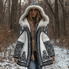 Women's Vintage Celtic Knot Knitted Print Fur Collar Zipper Sweater Jacket artswardrobe