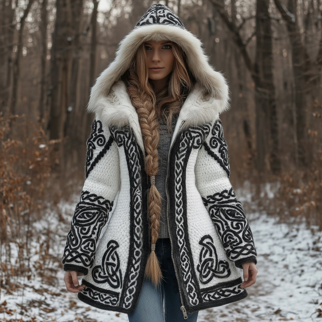 Women's Vintage Celtic Knot Knitted Print Fur Collar Zipper Sweater Jacket artswardrobe