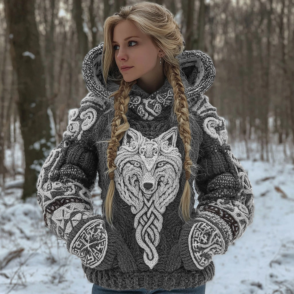Women's Vintage Viking Wolf Art Knit Hooded Sweater artswardrobe