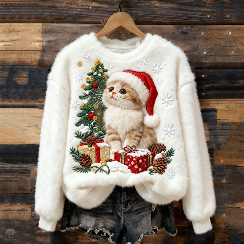 Lovely Cat & Christmas Tree Snowflakes Cozy Plush Sweatshirt elevenforest