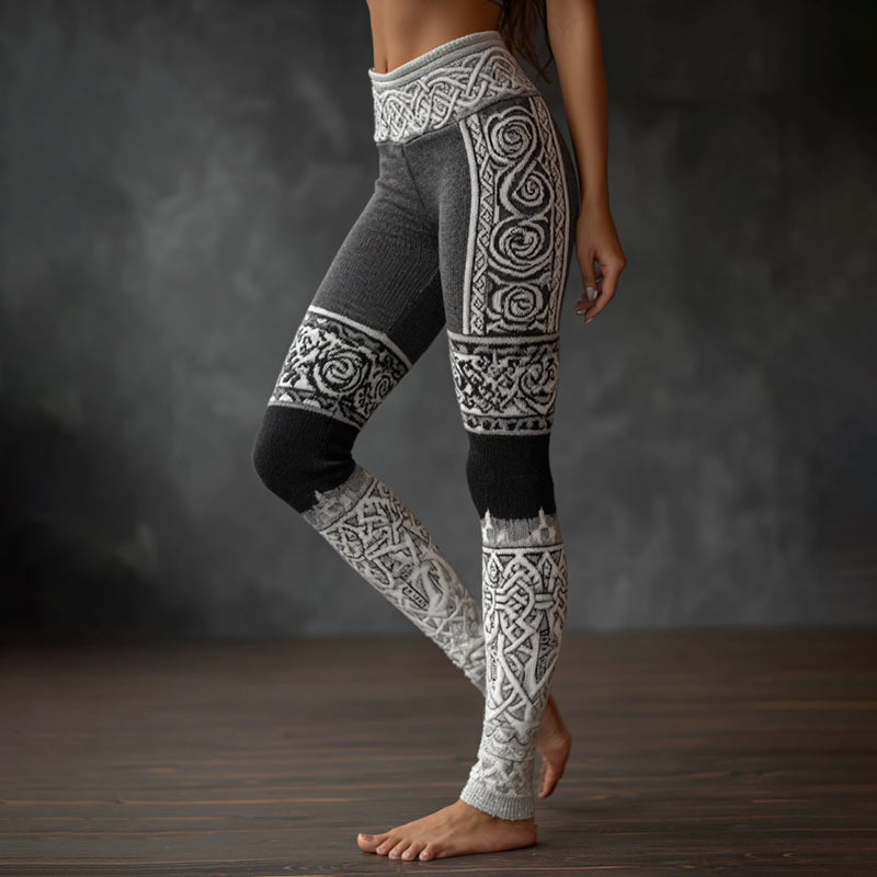Women's Vintage Viking Celtic Knot With Rose Pattern Colorblock Cozy Leggings artswardrobe