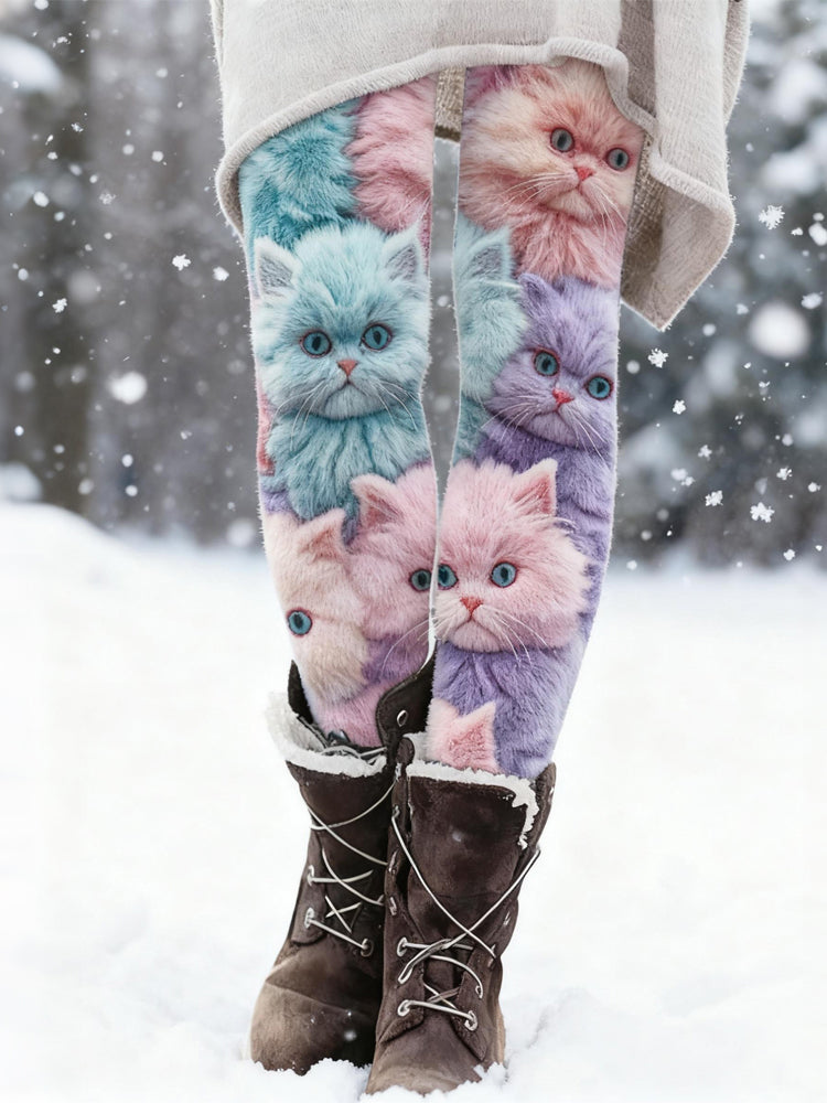 Cute Fuzzy Cats Art Pattern Comfy Leggings elevenforest