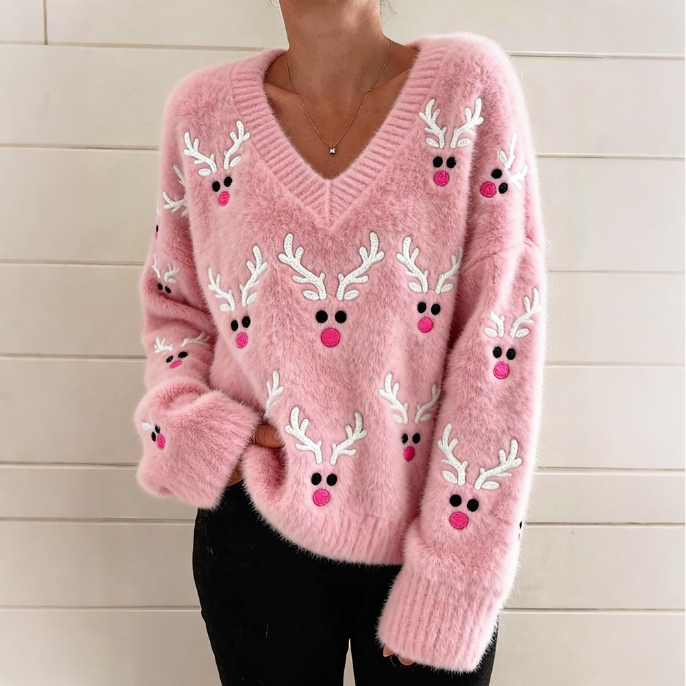 Pink Christmas Reindeer Face Embroidered Plush Sweater artswardrobe