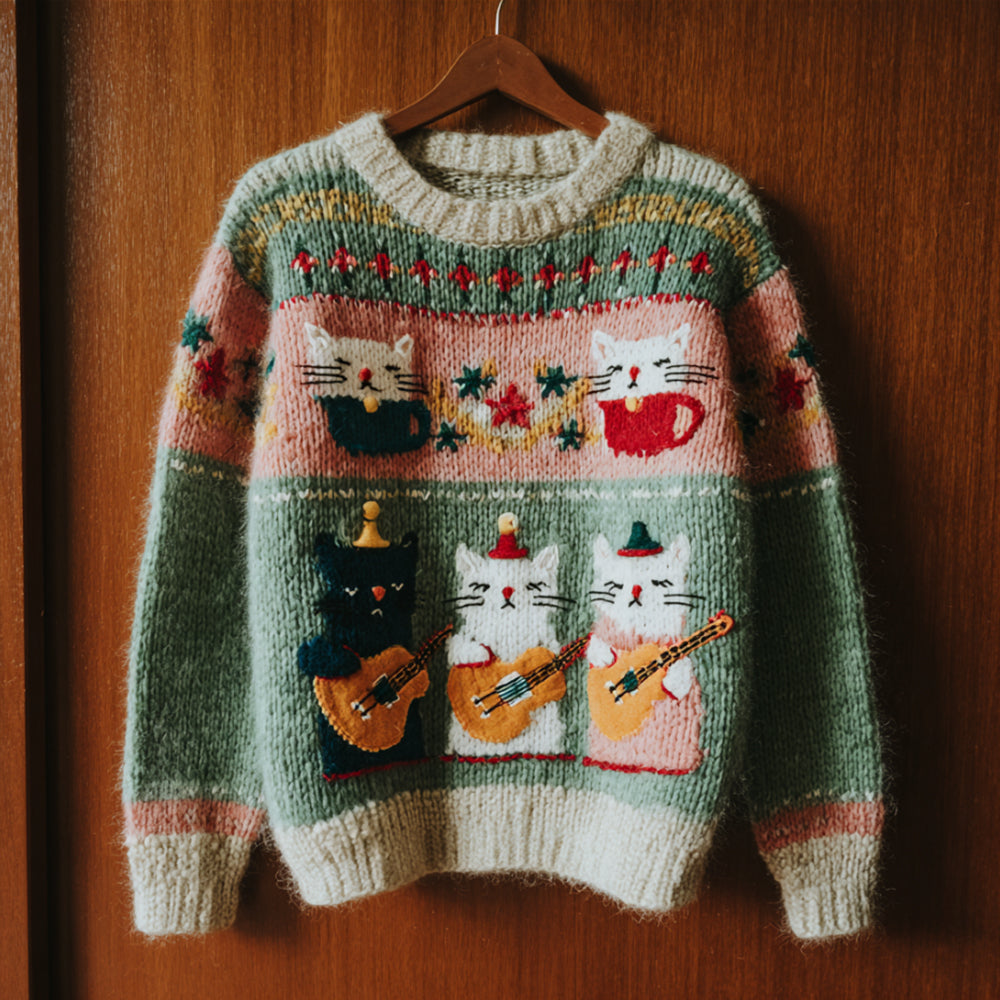 Cat Playing Guitar  Crew Neck Sweater elevenforest