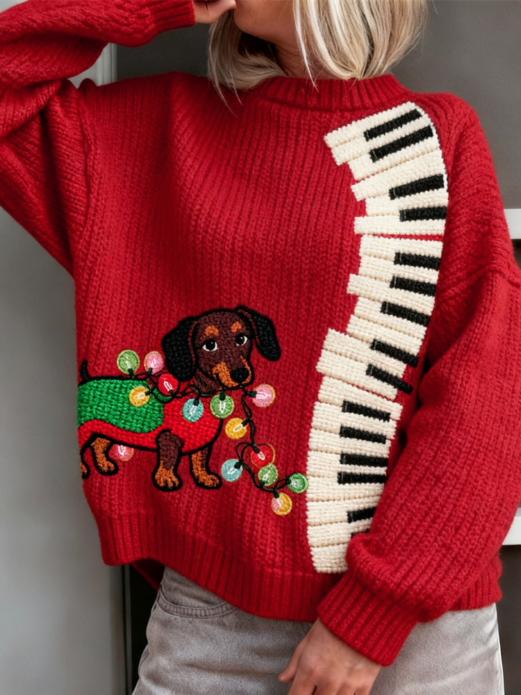 Christmas Dachshund Embroidered Piano Keys Knit Sweater artswardrobe
