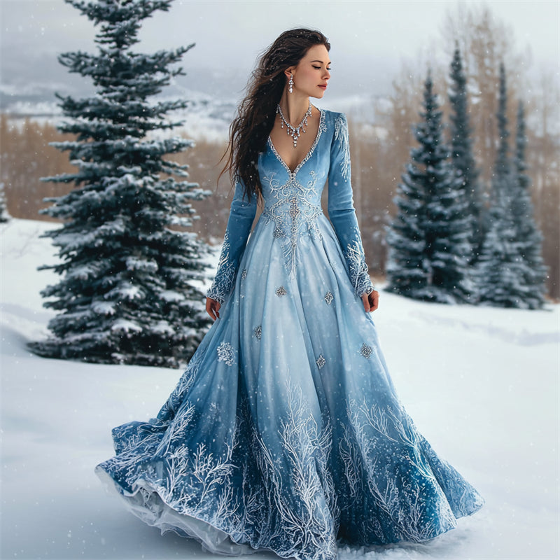Comstylish Christmas Snowflakes & Winter Forest Inspired Cozy Velvet Maxi Dress
