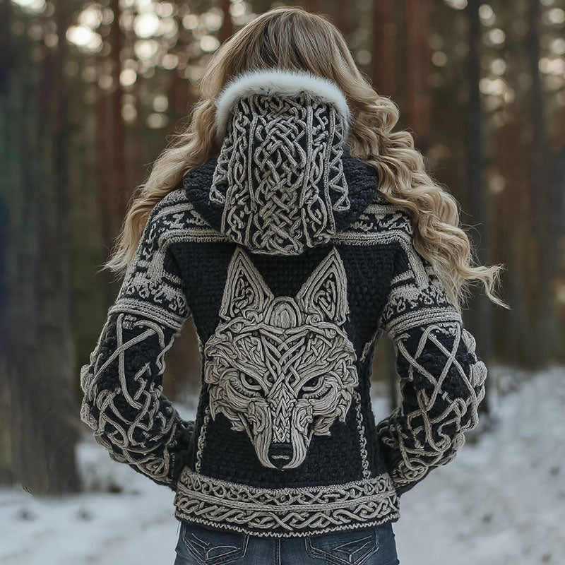 Women's Viking Wolf Celtic Knot Art Cozy Fur Collar Knit Hooded Sweater Jacket artswardrobe