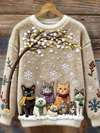 Comstylish Christmas Cats Embroidery Women's Cozy Plush Sweater