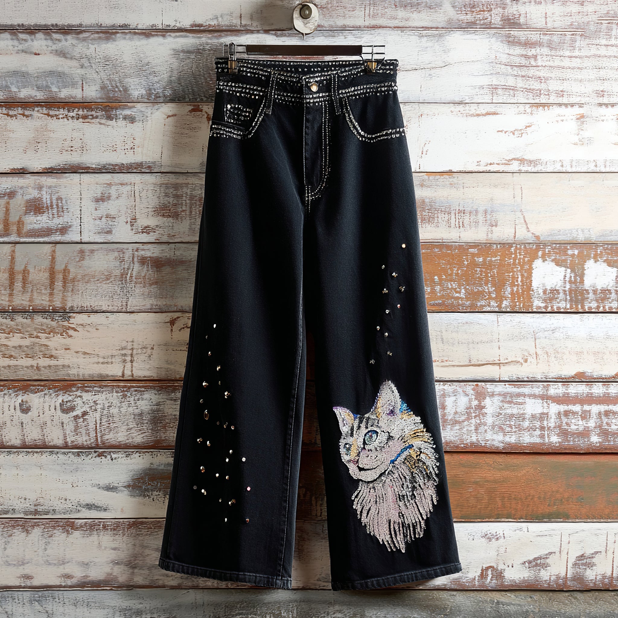Casual Cute Diamond Cat Jeans elevenforest