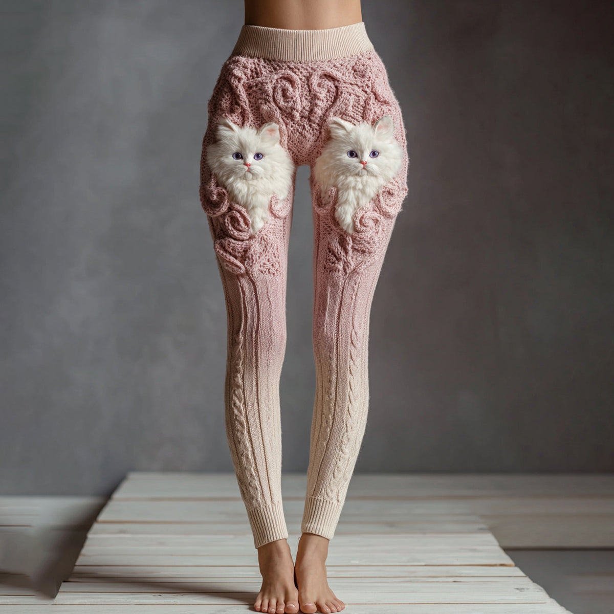 Women's Cute Cat Face Embroidered Gradient Cozy Leggings elevenforest