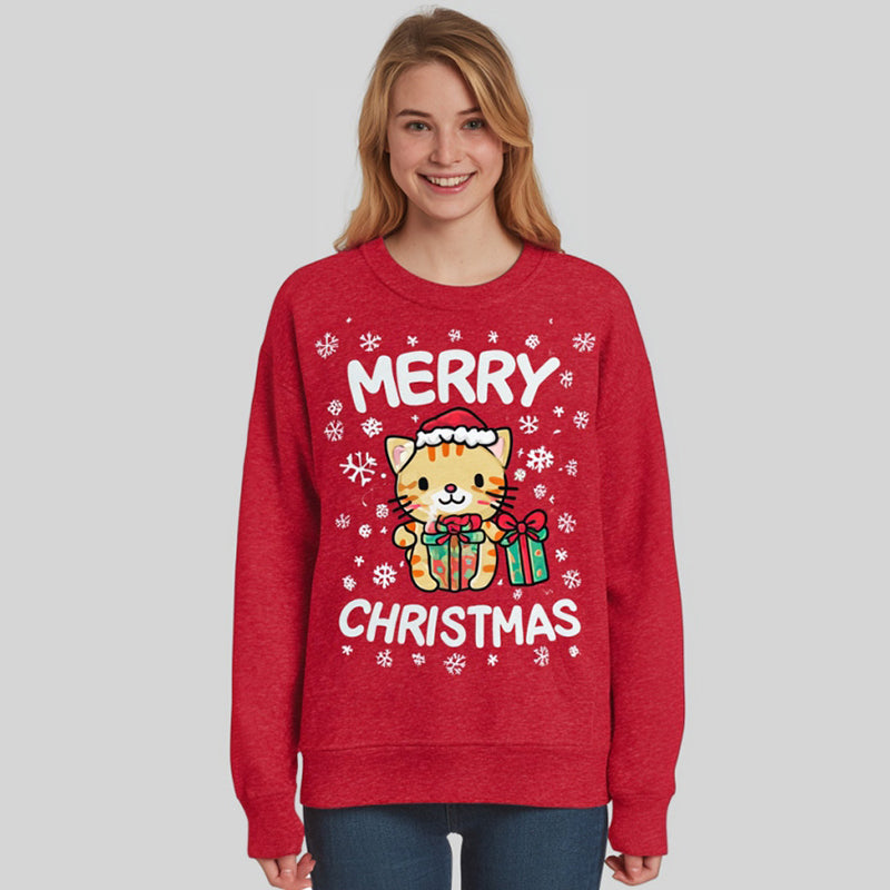Women's Christmas Cat Comfortable Crew Neck Sweatshirt elevenforest