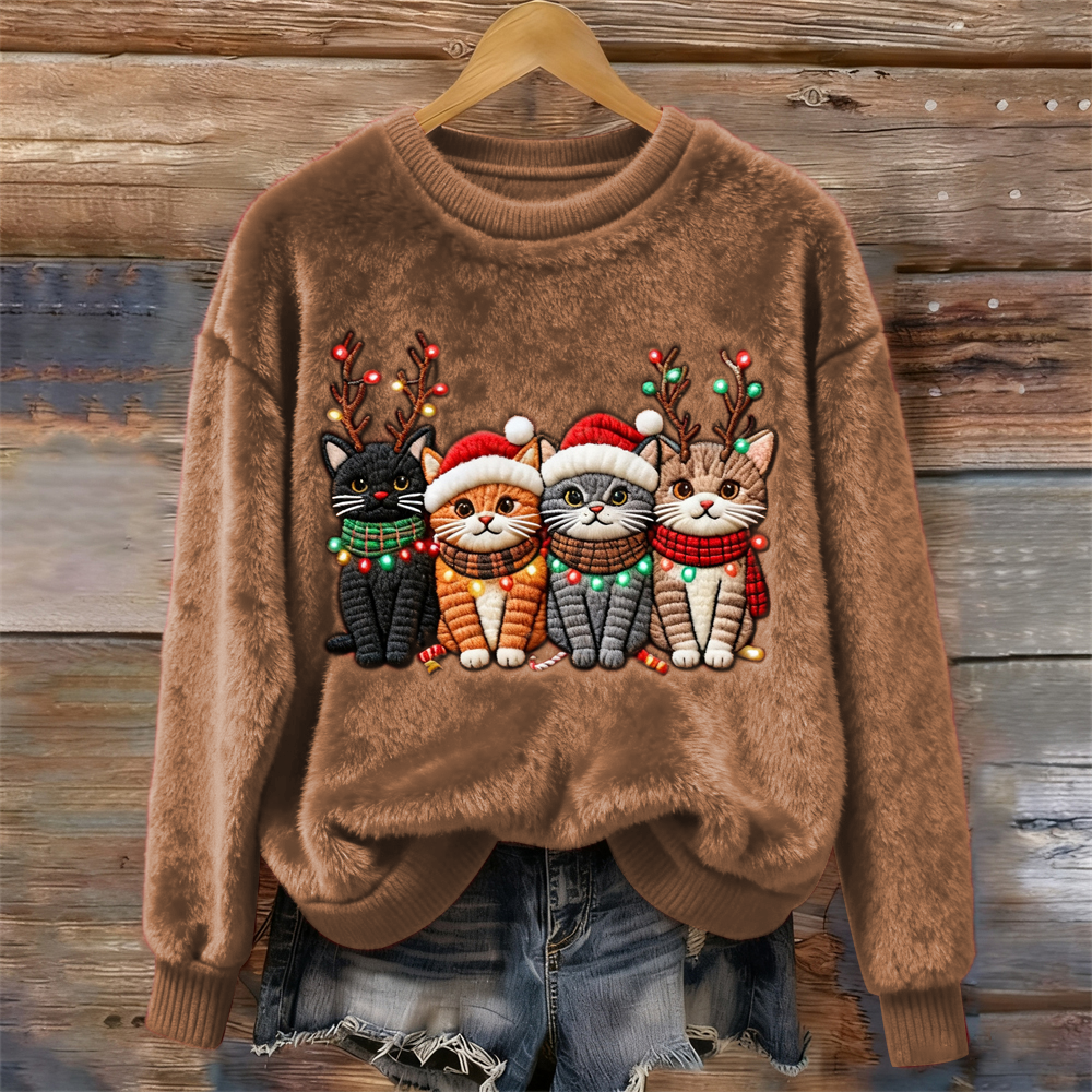 Christmas Lights Cat Women's Cozy Plush Sweater artswardrobe