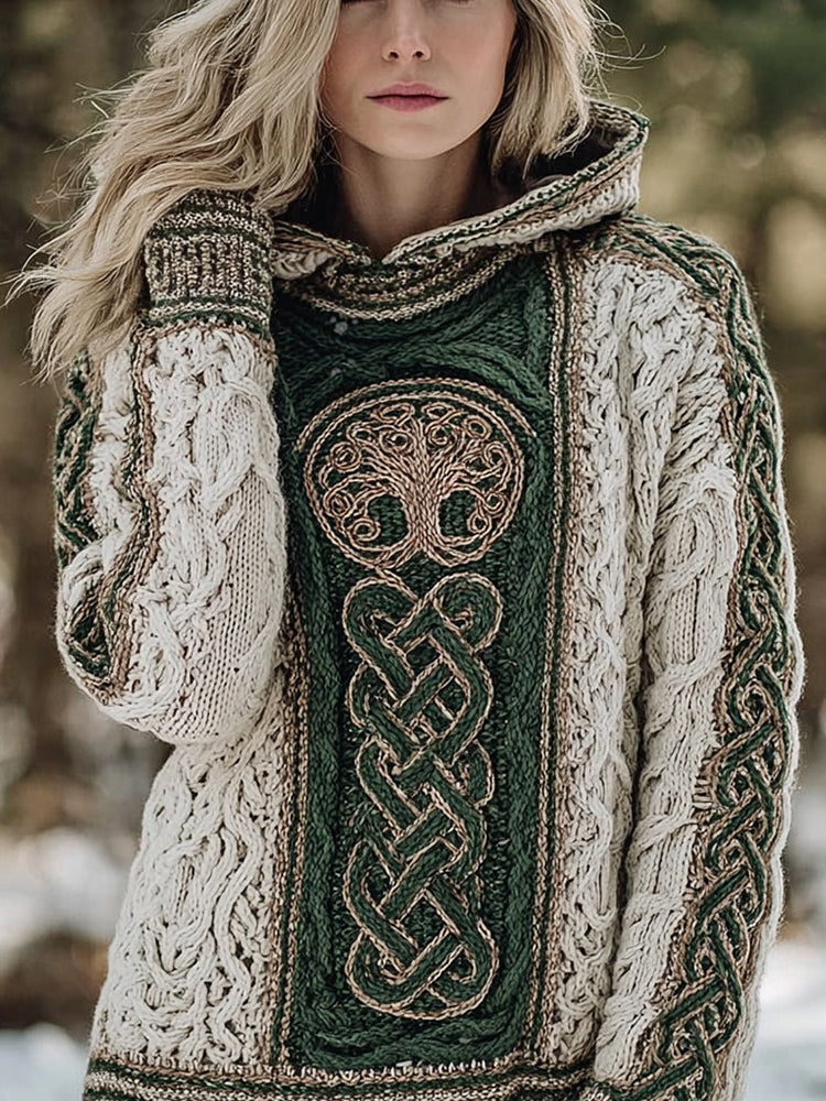 Viking Inspired Tree Of Life Jacquard Chunky Hooded Sweater artswardrobe