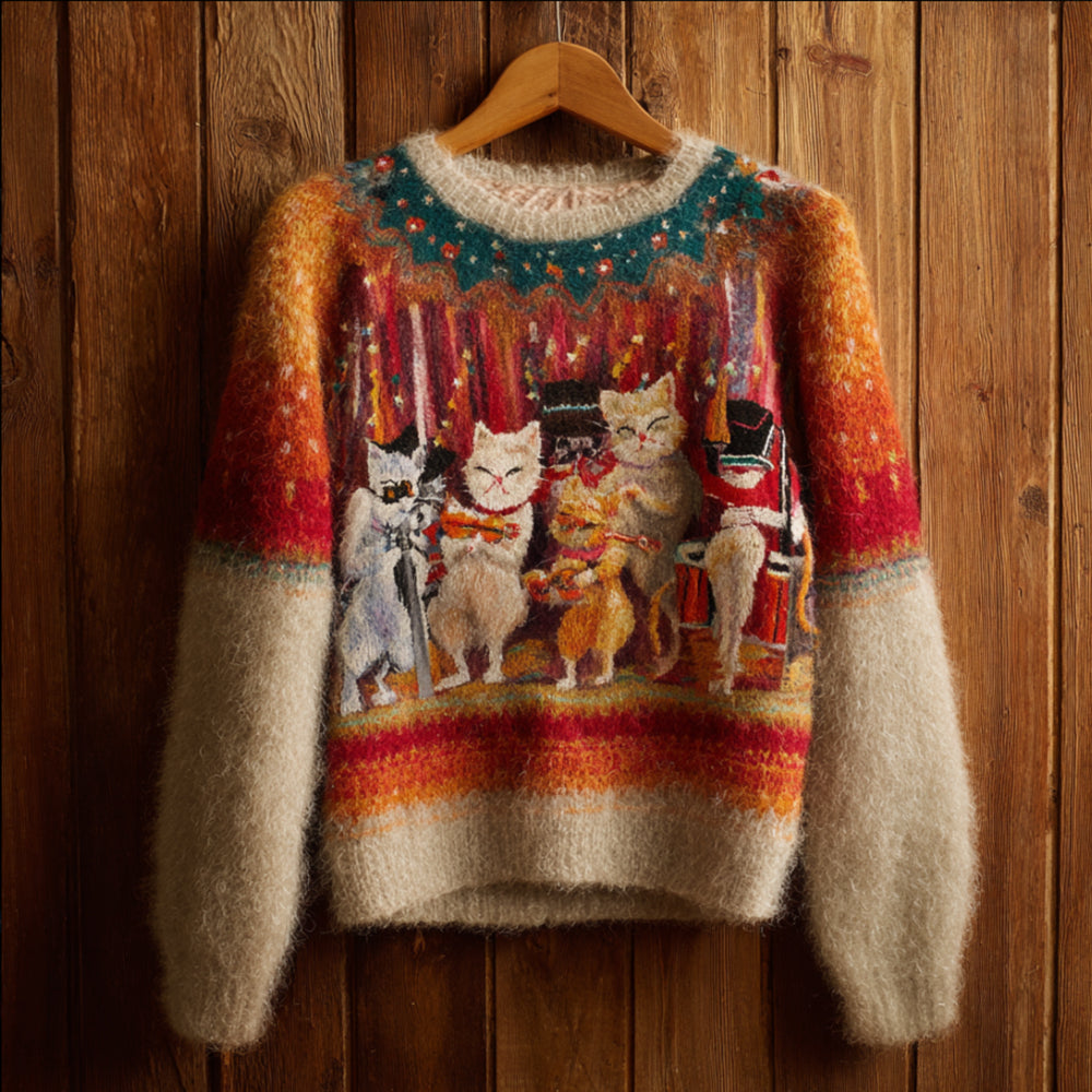 Cat Cat Band Flannel Crew Neck Sweater elevenforest