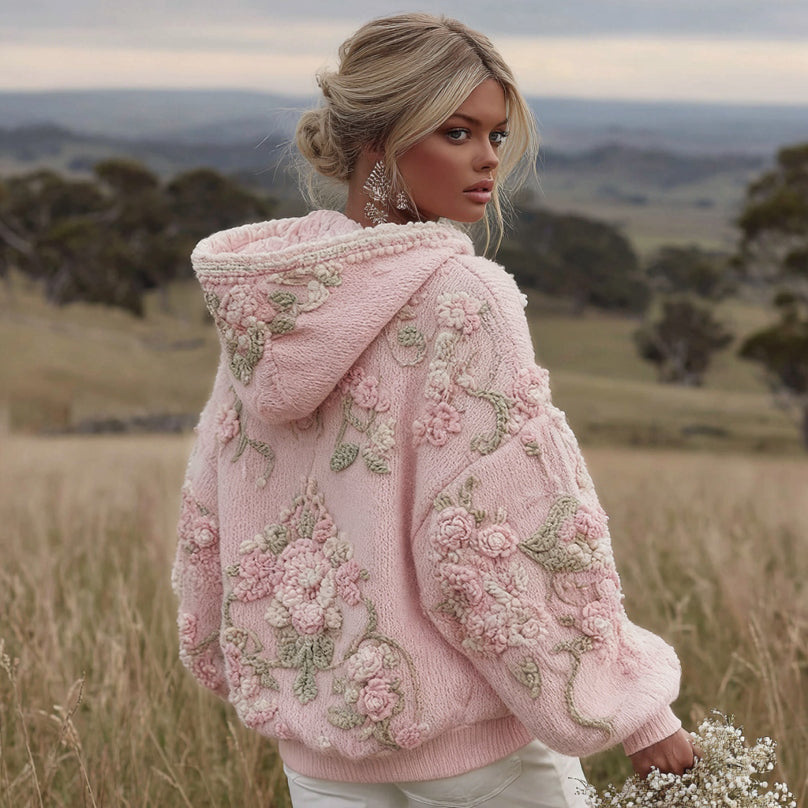 Women's Floral Embroidery Art Knitted Hooded Sweater artswardrobe