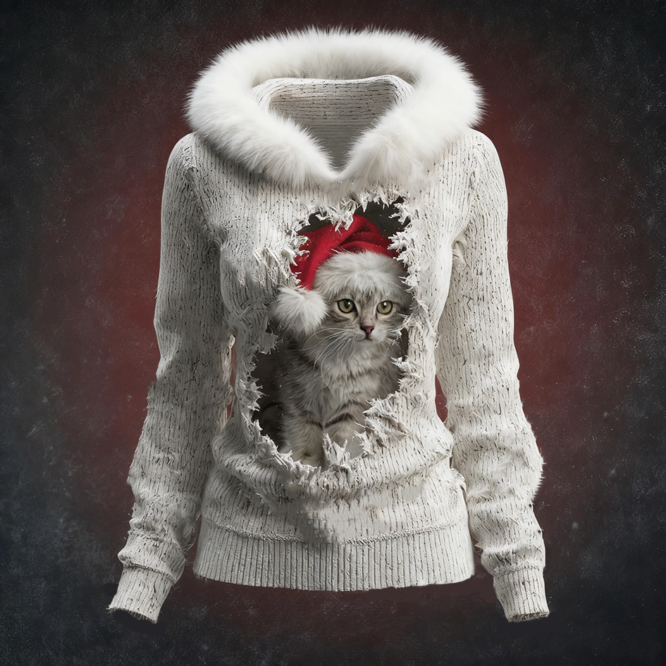 Cute Christmas Cat Pattern Design Winter Warm Women's Hooded Knit Sweater elevenforest